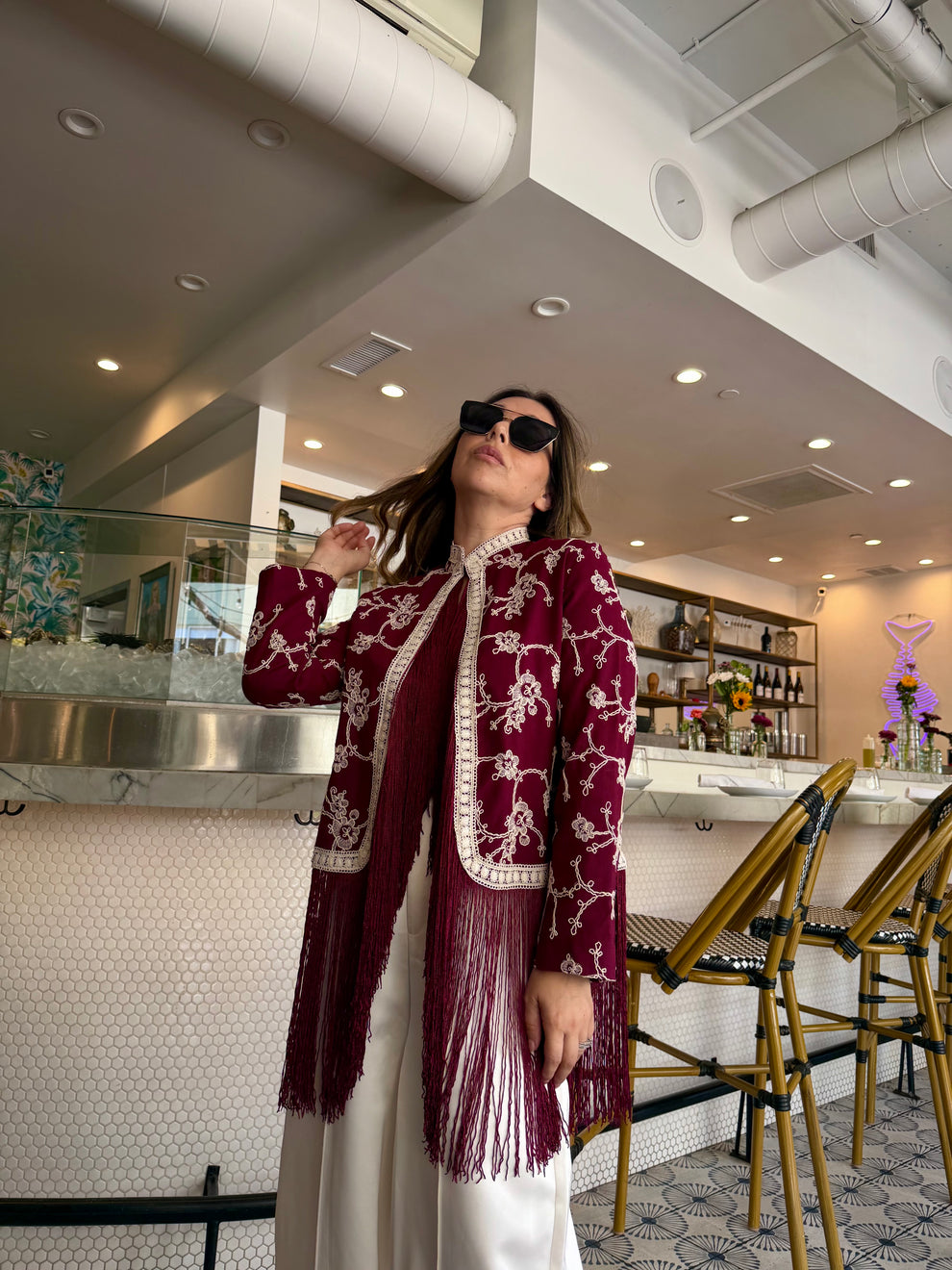 Burgundy Fringe Embroidered Jacket