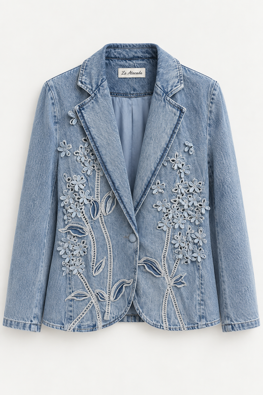 Floral Embroidered Denim Blazer